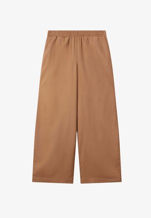 Brown, wide-leg trousers made from smooth material. Features an elastic waistband and two side pockets for practicality.