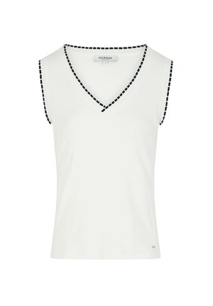 Top bianco senza maniche con scollo a V e bordatura nera cucita lungo il collo e le aperture per le braccia, etichettato Morgan, taglia small.
