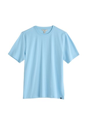 Sky blue short-sleeve t-shirt made of soft cotton. Round neckline, straight cut, with a small tag on the lower left side.