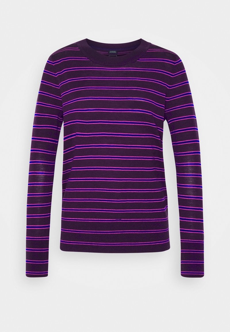 Pull à manches longues col rond violet foncé avec fines rayures horizontales roses et violettes, tissu tricoté, ourlet droit.