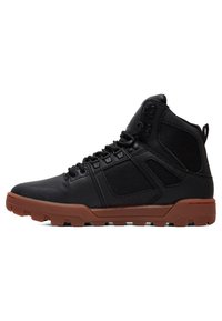 Black high-top footwear with a textured leather and mesh upper. Features a rubber outsole in brown, lace-up design, and padded ankle support.
