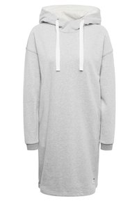 Grå hoodieklänning med vit innerfoder, långa ärmar, snörning i huvan och ribbade manschetter. Tillverkad av mjukt och bekvämt tyg.