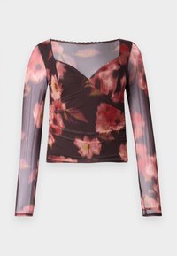 Bluza cu mânecă lungă, cu imprimeu floral în nuanțe de maron închis, decorată cu flori roz. Are un decolteu în formă de V și un accent texturat la gât, fiind confecționată dintr-un material ușor.