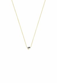 Złoty naszyjnik łańcuszkowy z V-kształtnym wzorem, ozdobiony dwoma czarnymi kamieniami oraz małym centralnym akcentem. Gładka powierzchnia o wypolerowanym wykończeniu.