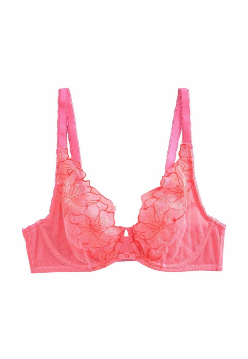 Soutien-gorge en dentelle rose avec broderies florales transparentes, bretelles réglables et fermeture à crochet au dos. Texture douce et délicate avec une forme structurée.
