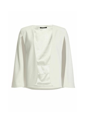 Weißer Blazer mit offenem Vorderteil, langen Ärmeln und glattem, satinähnlichem Futter, innen am Kragen mit "SWING" beschriftet.