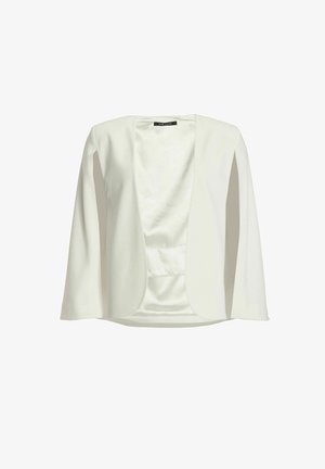 Witte blazer met open voorkant, lange mouwen en een gladde, satijnachtige voering, met het label "SWING" aan de binnenkant van de kraag.