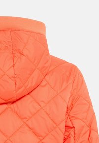 Gequilted oranje jack met een ronde capuchon en ribgebreide hals. Gladde textuur met gestikte ruitpatroon. Geen zichtbare hardware.