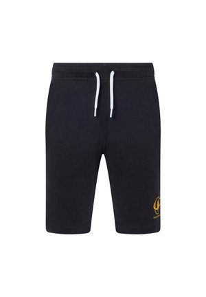 Pantaloncini neri fino al ginocchio con fascia elastica in vita, coulisse bianche e piccolo logo giallo vicino all'orlo inferiore sulla gamba destra.
