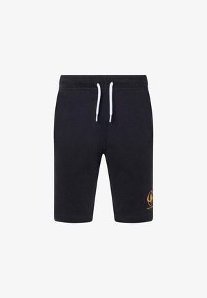 Pantaloncini neri fino al ginocchio con fascia elastica in vita, coulisse bianche e piccolo logo giallo vicino all'orlo inferiore sulla gamba destra.