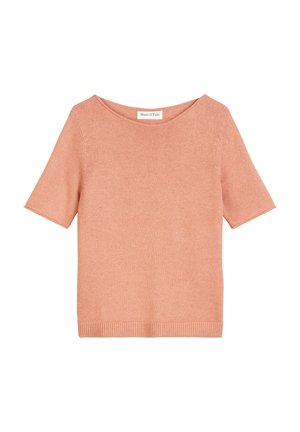 Light pink knitted short-sleeved sweater with a wide neckline and ribbed hem, made from soft material for comfort.