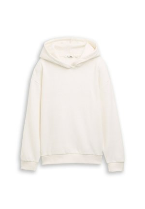 Witte hoodiesweater met lange mouwen, geribde boorden en een geribde zoom, weergegeven op een witte achtergrond.