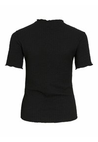 Top corto nero a maniche corte con tessuto texturizzato, silhouette aderente e collo a mock dal design ondulato, caratterizzato da un sottile motivo a coste.