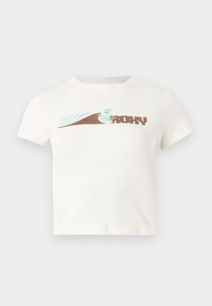 Λευκό κοντό t-shirt με γραφικό κυματισμό σε τιρκουάζ και καφέ αποχρώσεις και μερικό λογότυπο «Roxy» στο στήθος, κοντά μανίκια, στρογγυλή λαιμόκοψη.
