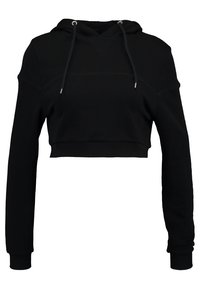 Sudadera negra corta con capucha ajustable, mangas largas, puños acanalados y un panel texturizado en el pecho. Tejido suave.
