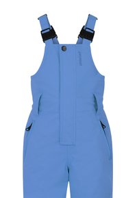 Blå snöoveraller med justerbara svarta axelremmar, knappstängning framtill och dragkedjefickor på varje sida. Tillverkade av hållbart material.