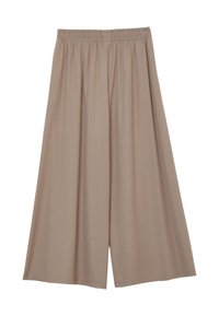 Culotte beige a gamba larga con elastico in vita, realizzati in un tessuto morbido e liscio, caratterizzati da una vestibilità ampia che arriva sotto il ginocchio.