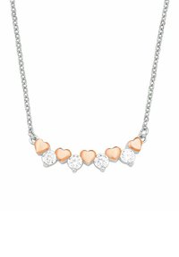 Smyckekedja i silver med växelvis roséguldshjärtformade och klara runda stenar, arrangerade i ett horisontellt mönster.