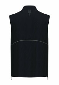 Schwarze ärmellose Weste mit hohem Kragen, die auf der Rückseite eine horizontale reflektierende Linie und ein strukturiertes Stoffmuster aufweist.