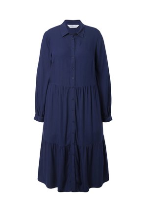 Abito lungo maniche in blu navy con colletto, chiusura frontale a bottoni e gonna a strati. Tessuto liscio e vestibilità leggermente ampia.