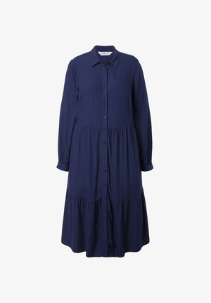 Vestido de manga larga azul marino con cuello, botones en la parte delantera y falda en capas. Textura suave y corte ligeramente holgado.