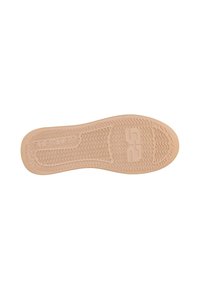 Suola di scarpa beige chiaro con una superficie testurizzata, motivo a nastro ondulato e logo in rilievo che legge "STOKTON". Forma piatta e arrotondata con bordi lisci.