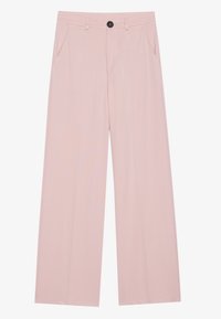 Light pink wide-leg trousers with front pockets, belt loops, and a black button closure at the waist.