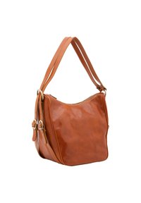 Borsa in pelle di un ricco marrone con una finitura lucida, dotata di una singola tracolla regolabile e dettagli a fibbia sui lati.