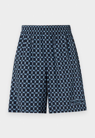 Σκούρο μπλε σορτς με ανοιχτό μπλε γεωμετρικό μοτίβο βρόχου, ελαστική μέση και μικρό λογότυπο "Sandro Paris" κοντά στο τελείωμα στο δεξί πόδι.