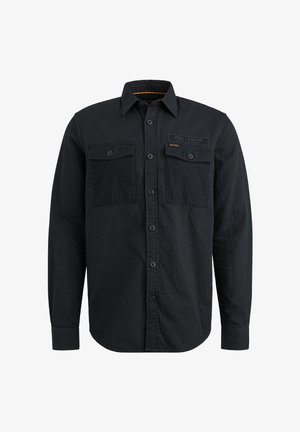 Maglietta nera a maniche lunghe realizzata in tessuto testurizzato. Presenta due tasche sul petto, chiusura frontale con bottoni e un delicato logo del marchio sulla tasca.