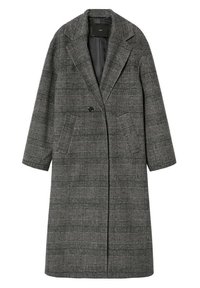 Manteau long gris à carreaux en tissu texturé, doté d'un col cranté, d'une fermeture à un bouton et de deux poches avant.