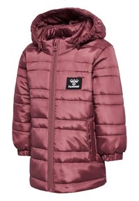 Padded children's parka w kolorze mauve, z zamkiem błyskawicznym, elastycznym kapturem i przednią kieszenią naszywaną z logo. Gładkie, błyszczące wykończenie materiału.