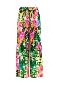 Weite Hosen mit einem lebhaften Blumenmuster in Pink, Orange, Grün und Weiß. Hergestellt aus einem leichten, strukturierten Stoff.
