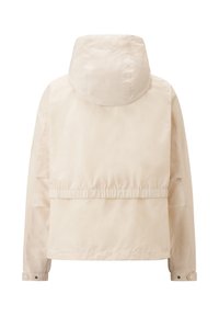 Veste crème avec capuche, taille élastique et fermetures à pression. Texture lisse et design minimaliste sans motifs visibles.