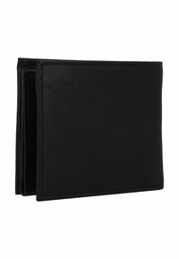 Black leather wallet with a smooth texture, bi-fold design, and visible stitching along the edges. Compact size for easy storage.
