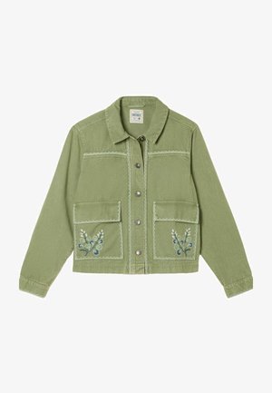 Zelena trenč jakna iz džinsa s ovratnikom, gumbima na pritisak, dvema sprednjima žepoma in cvetličnim vezenjem na žepih v temno modri in beli barvi.