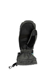 Muffole isolate grigie e nere, con un corpo in tessuto testurizzato, palmo in pelle, polsino elastico e cordino regolabile per una vestibilità sicura.
