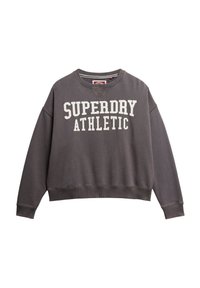 Szary polarowy sweatshirt z białym tekstem "SUPERDRY ATHLETIC". Posiada okrągły dekolt, opadające ramiona oraz ściągacze przy rękawach i u dołu.