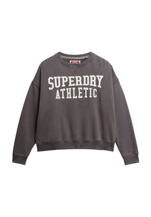 Grijze fleece sweatshirt met witte tekst "SUPERDRY ATHLETIC". Heeft een ronde halslijn, verlaagde schouders en ribgebreide manchetten en zoom.