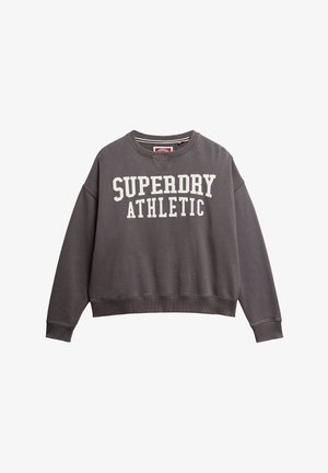 Grijze fleece sweatshirt met witte tekst "SUPERDRY ATHLETIC". Heeft een ronde halslijn, verlaagde schouders en ribgebreide manchetten en zoom.