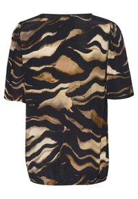 Blouse à manches courtes noire avec un motif à rayures tigre ondulées en nuances de beige et marron, coupe décontractée et ourlet arrondi.