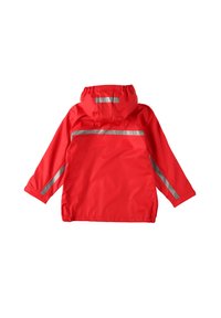 Rote wasserdichte Jacke mit Kapuze, ausgestattet mit silbernen Reflexstreifen auf dem Rücken und an den Seiten. Elastische Bündchen und ein elastischer Bund vorhanden.