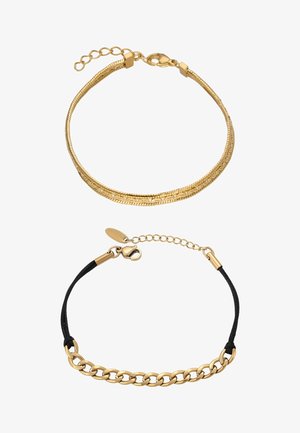 Două brățări, una cu zale din aur legate de un lanț șarpe din aur, și cealaltă cu zale aurii atașate unei corzi negre, ambele cu închizători aurii.