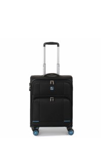 Black wheeled suitcase with two front zippered pockets, silver telescopic handle, and blue accent wheels. Textured fabric for durability.