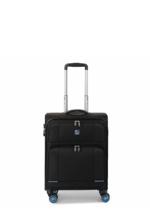 Black wheeled suitcase with two front zippered pockets, silver telescopic handle, and blue accent wheels. Textured fabric for durability.
