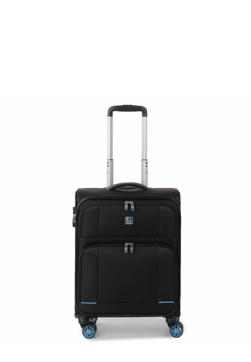 Black wheeled suitcase with two front zippered pockets, silver telescopic handle, and blue accent wheels. Textured fabric for durability.