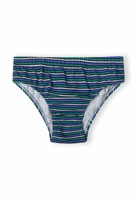 Prazni bikini hlačice v mornarski modri, zeleni in beli barvi, narejene iz raztegljive tkanine. Imajo elastičen pas in podložen notranji del.