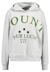 Grå huvtröja av mjukt tyg med en stor, flerfärgad grafik som inkluderar texten "RÄKNA DINA LYCKOSTJÄRNOR" och stjärnaccenter.