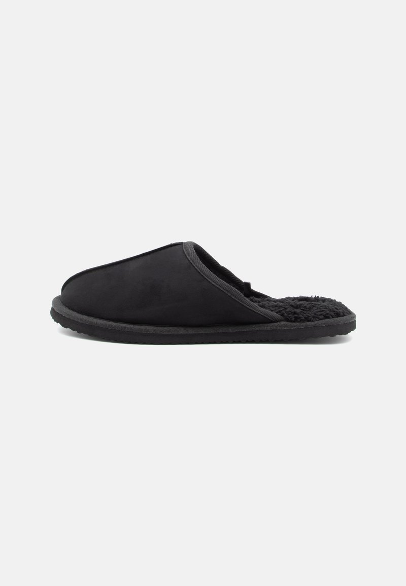 Black slip-on slipper with fleece lining and soft sole, shown in profile on white background.