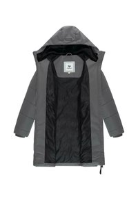 Grå vadderad jacka med huva, har en svart innerfoder och en logotagg. Utvändigt har jackan en slät yta och dragkedjestängning.